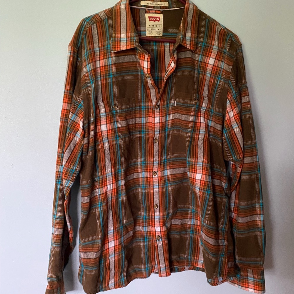 Men’s Levi’s plaid flannel shirt sz XL orange turquoise brown white Great cond